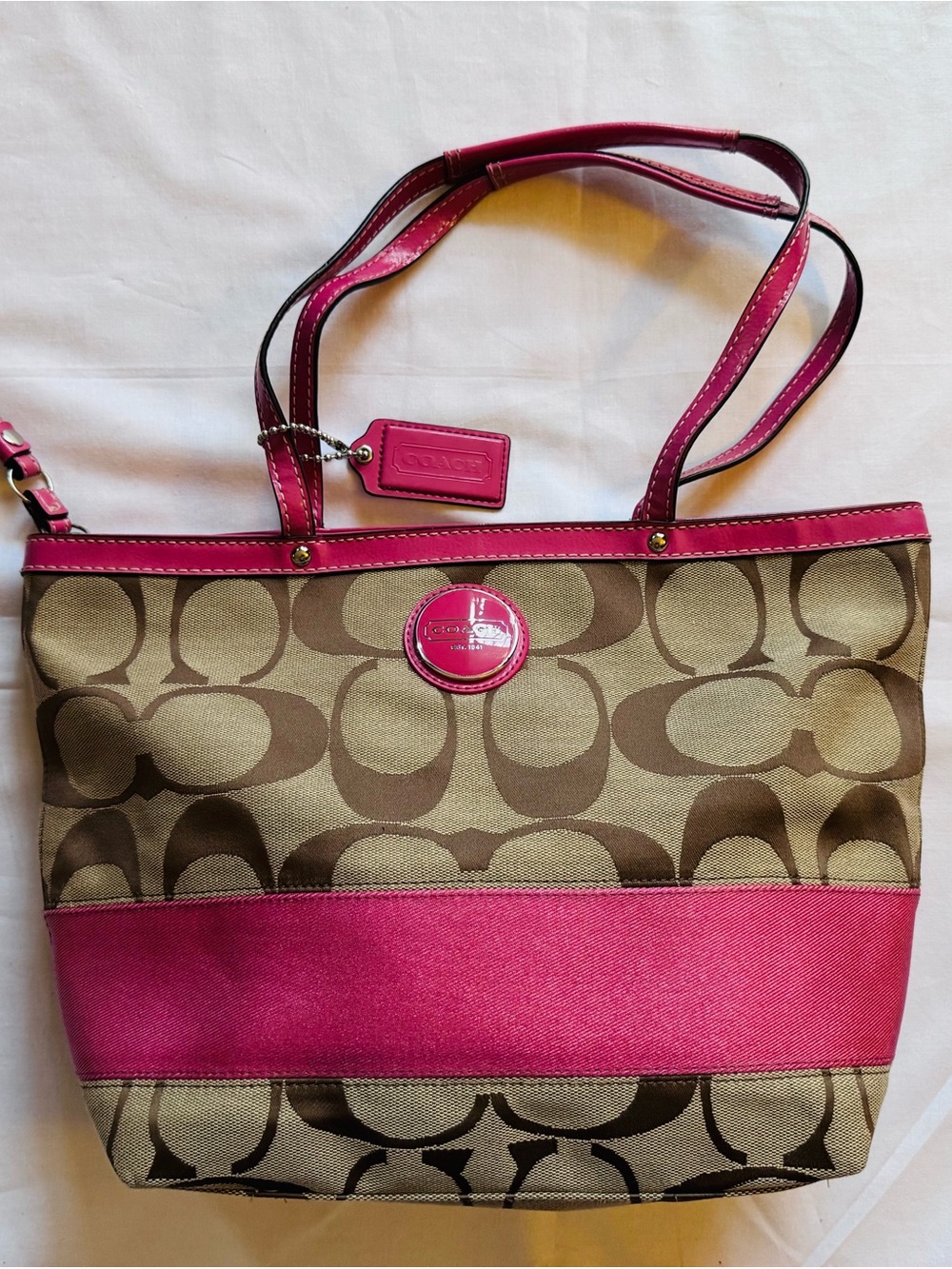 Coach Khaki Signature Canvas Tote with Pink Trim